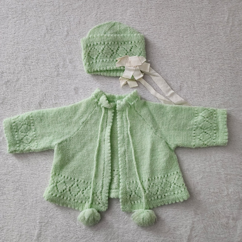 Vintage 70s Knit Cardigan & Hat Set Baby 0-3M Green Pom Pom Bow Pointelle Pastel